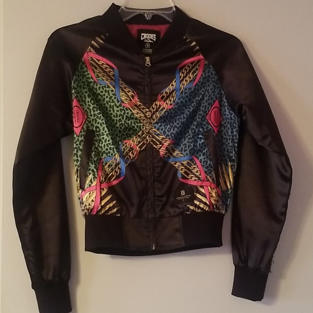 Lady Crooks Black Satin Bomber Jacket